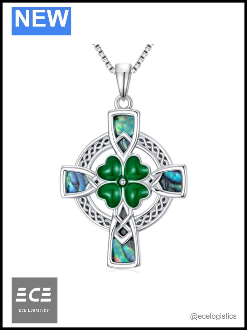 Celtic Cross Necklace 925 Sterling Silver Abalone Clover Pendant